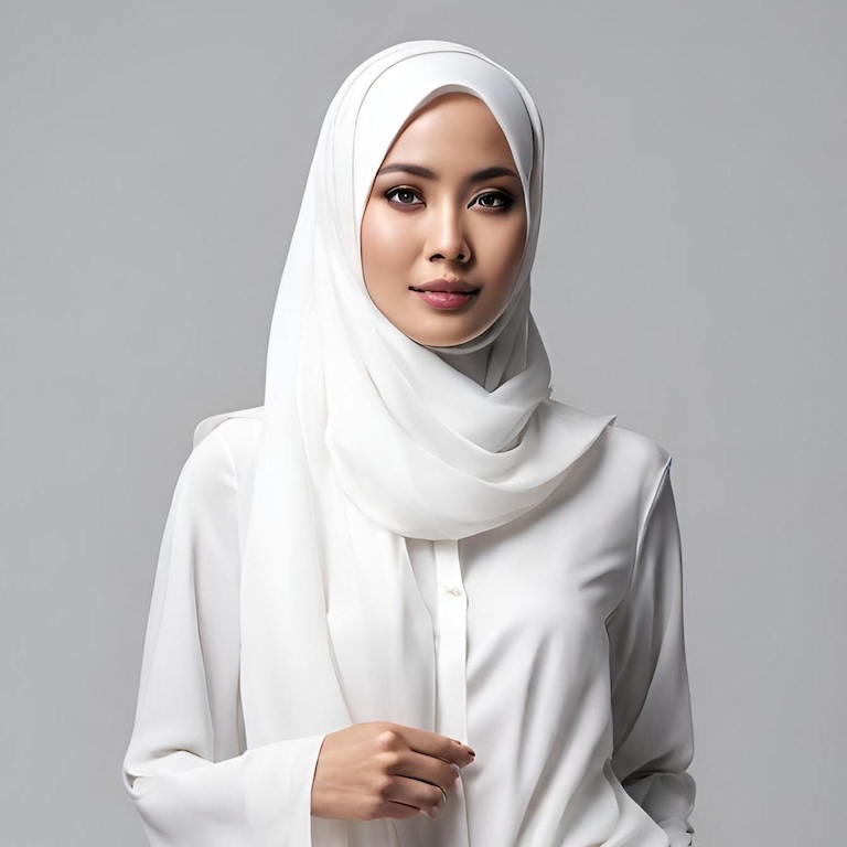 A Muslimah model wearing pale-blue top